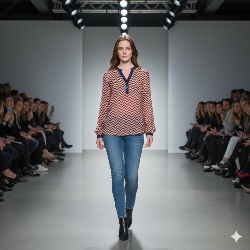 Size Xl Peach Navy Chevron Patterned V-Neck Blouse - image 1